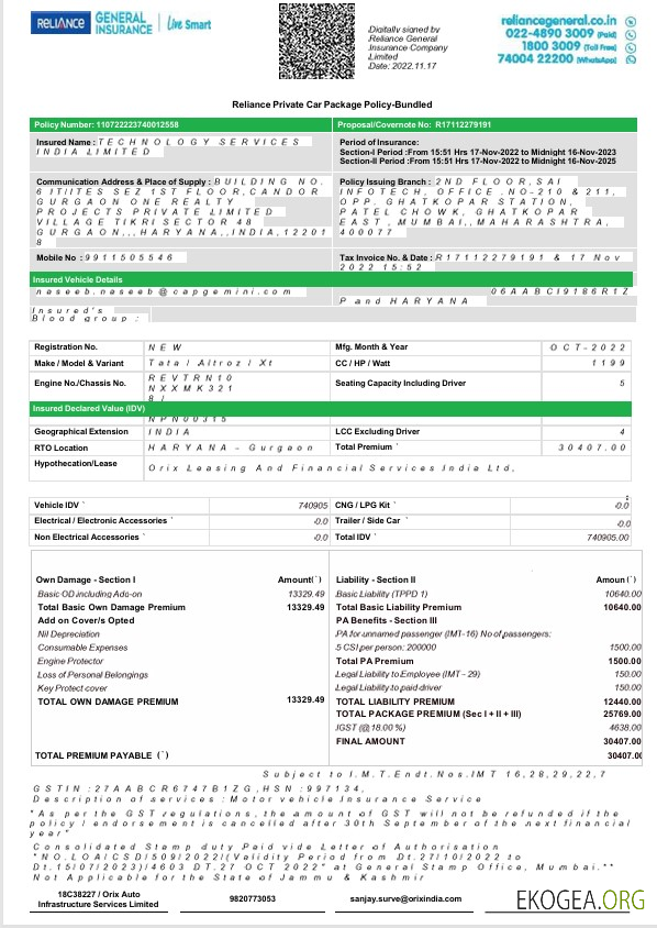 Faux relevé bancaire sous licence India Reliance General Insurance Company Limited, modèle Word et PDF, 2 pages